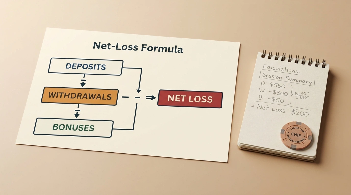 A simple diagram showing deposits minus withdrawals minus bonuses equals net loss, with a calculator and Australian banknotes beside it