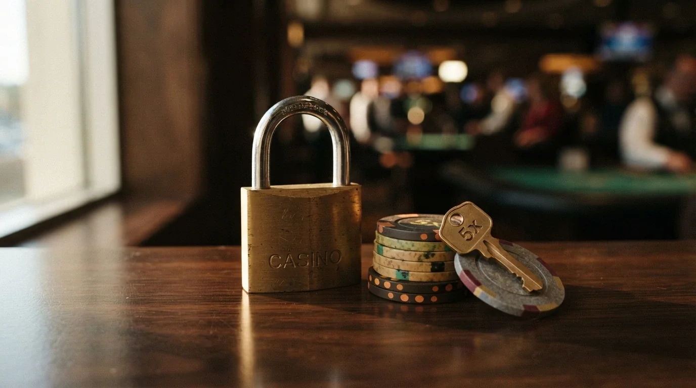 A locked padlock beside a stack of casino chips, with a key labelled with wagering-multiple figures