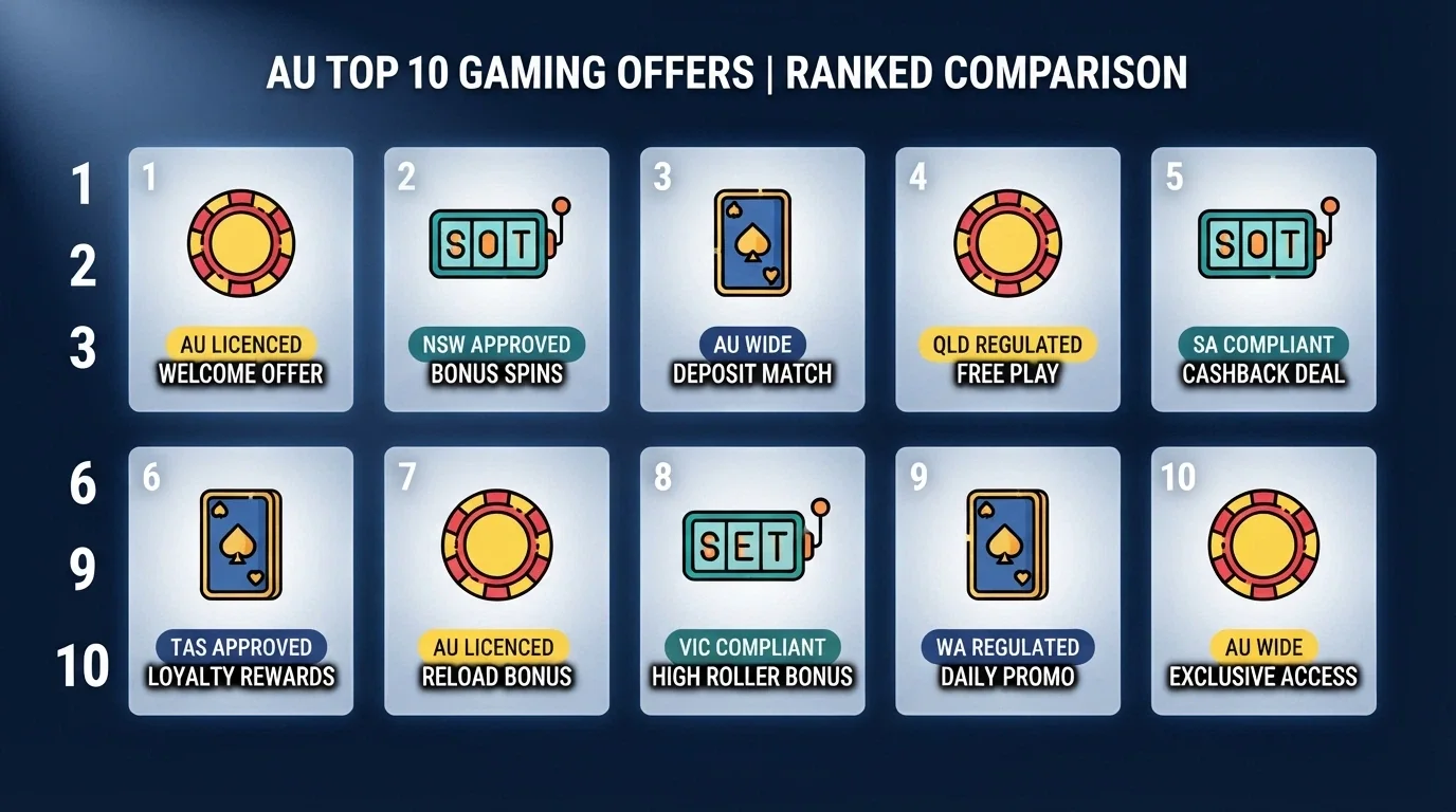 A comparison grid of casino app icons arranged in ranked order, each with a coloured tag showing licence jurisdiction and bonus type beneath it