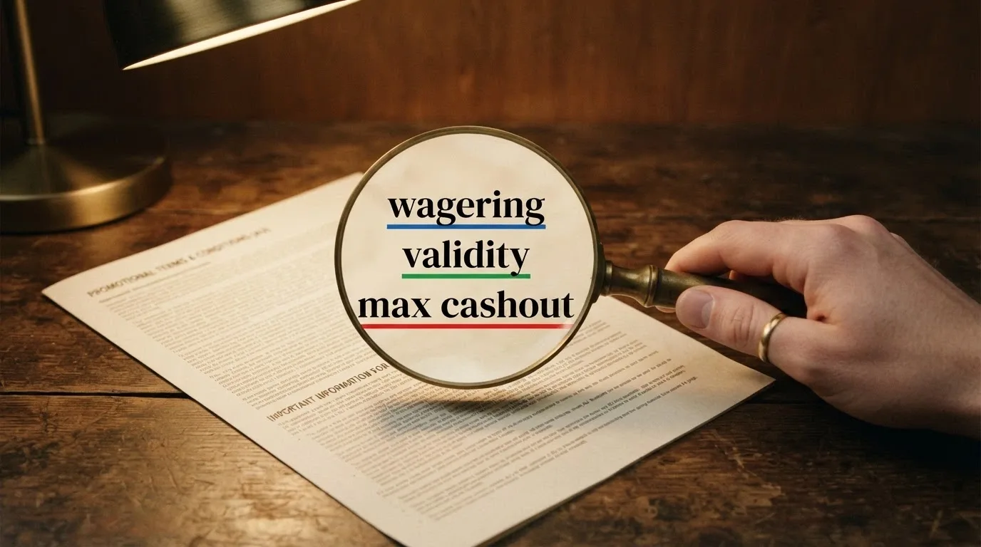 A magnifying glass positioned over the fine-print terms section of a casino bonus offer, the words “wagering,” “validity” and “max cashout” highlighted