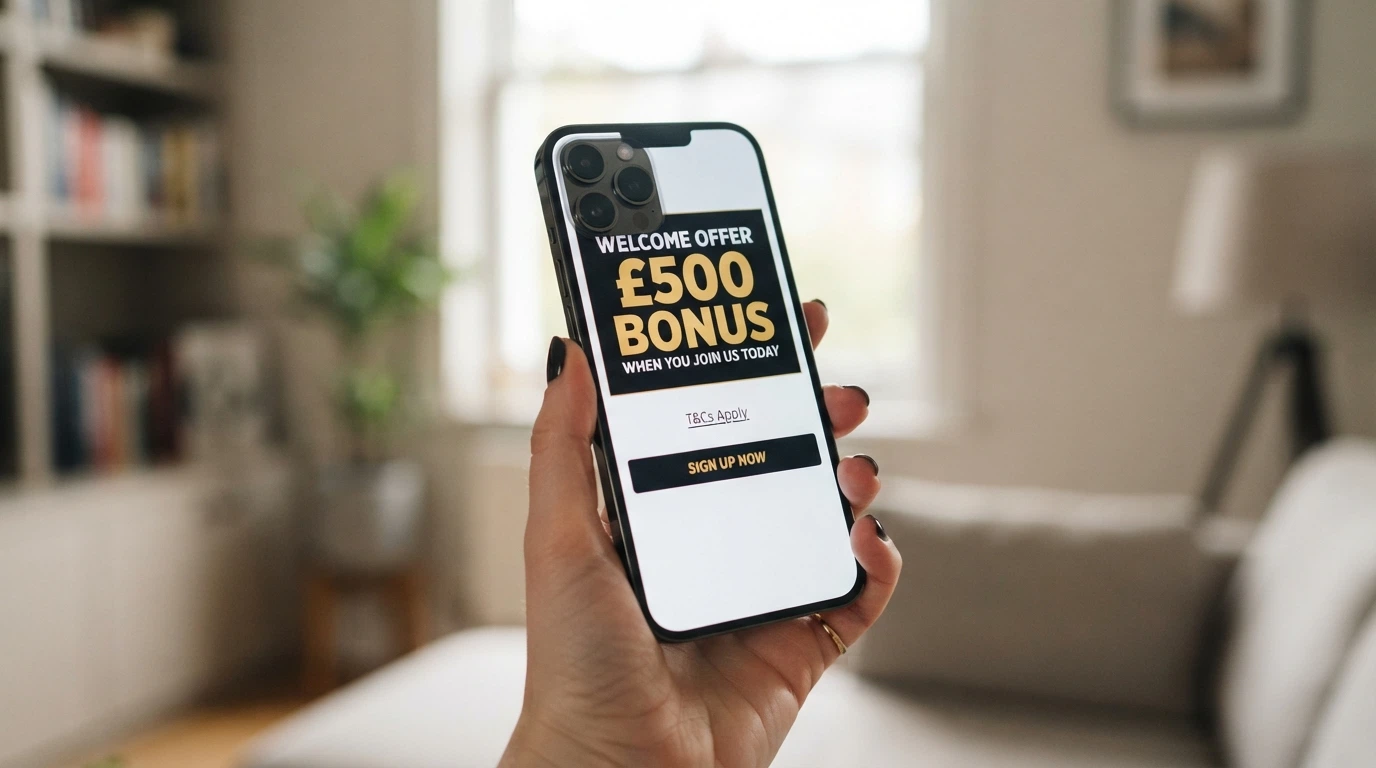 An iPhone screen showing a casino welcome-offer banner with the headline figure prominent, and the terms link visible below it