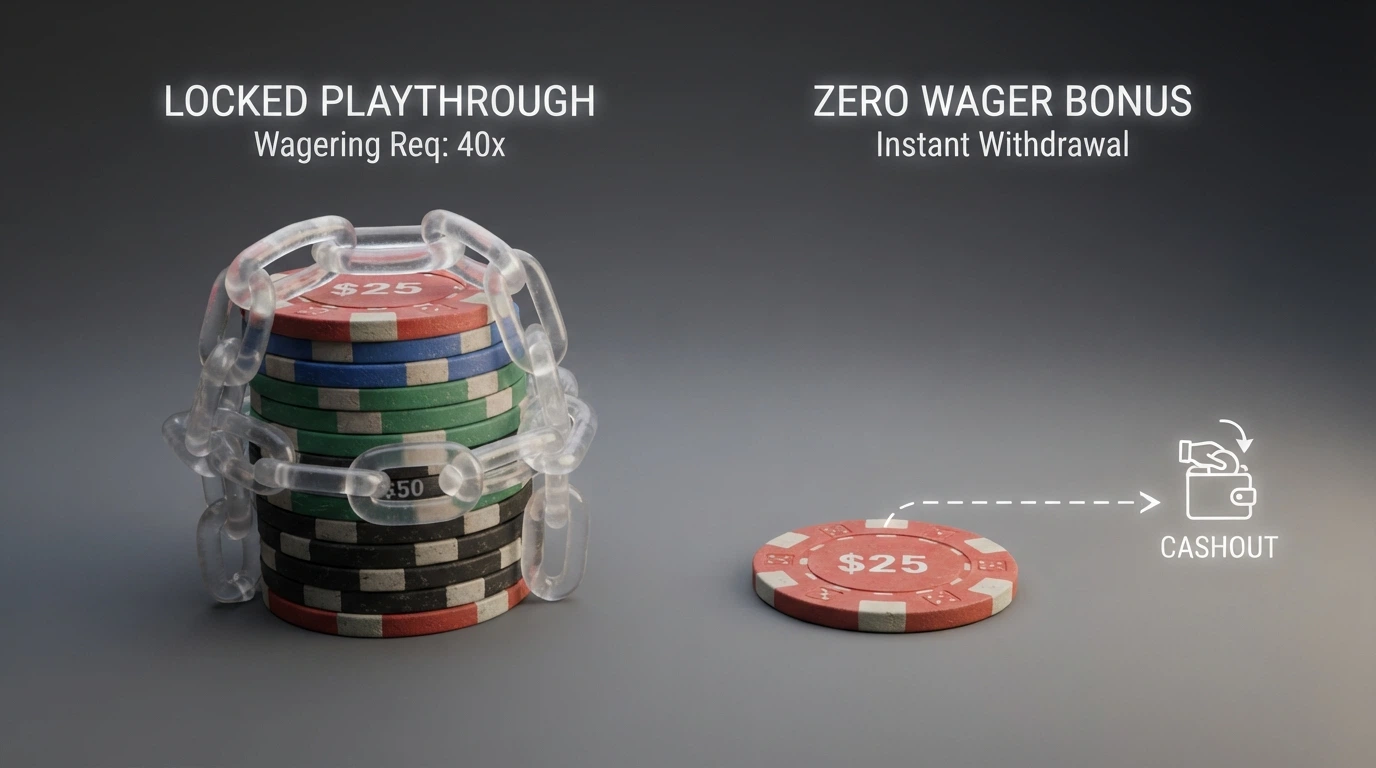 A side-by-side visual comparing a bonus locked behind a 40x playthrough chain against one marked 0x with a dashed line to a withdrawal