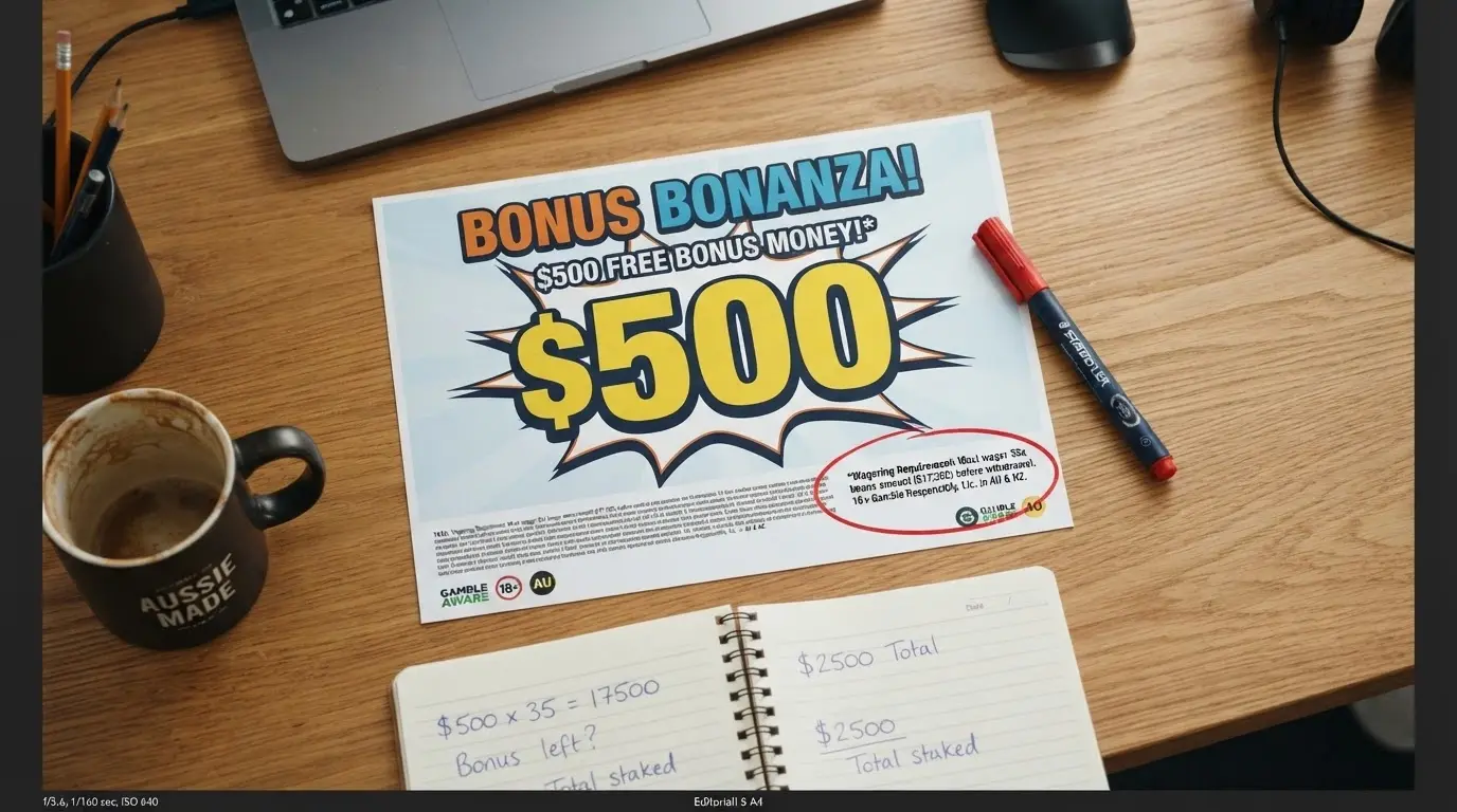 A welcome bonus advertisement with a large dollar figure and the fine-print wagering terms circled in highlight