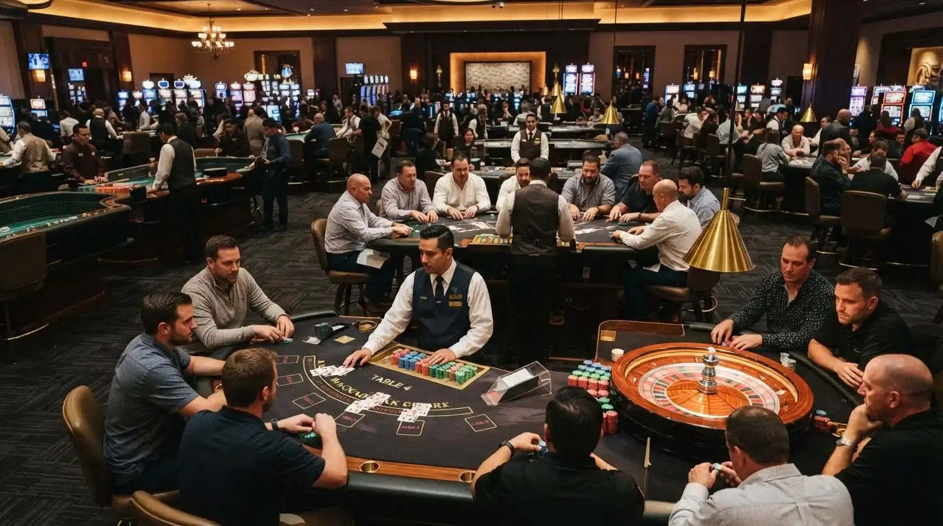 The gaming floor at Casino Canberra showing multiple table games in play — Blackjack, Roulette and Baccarat tables with dealers and players