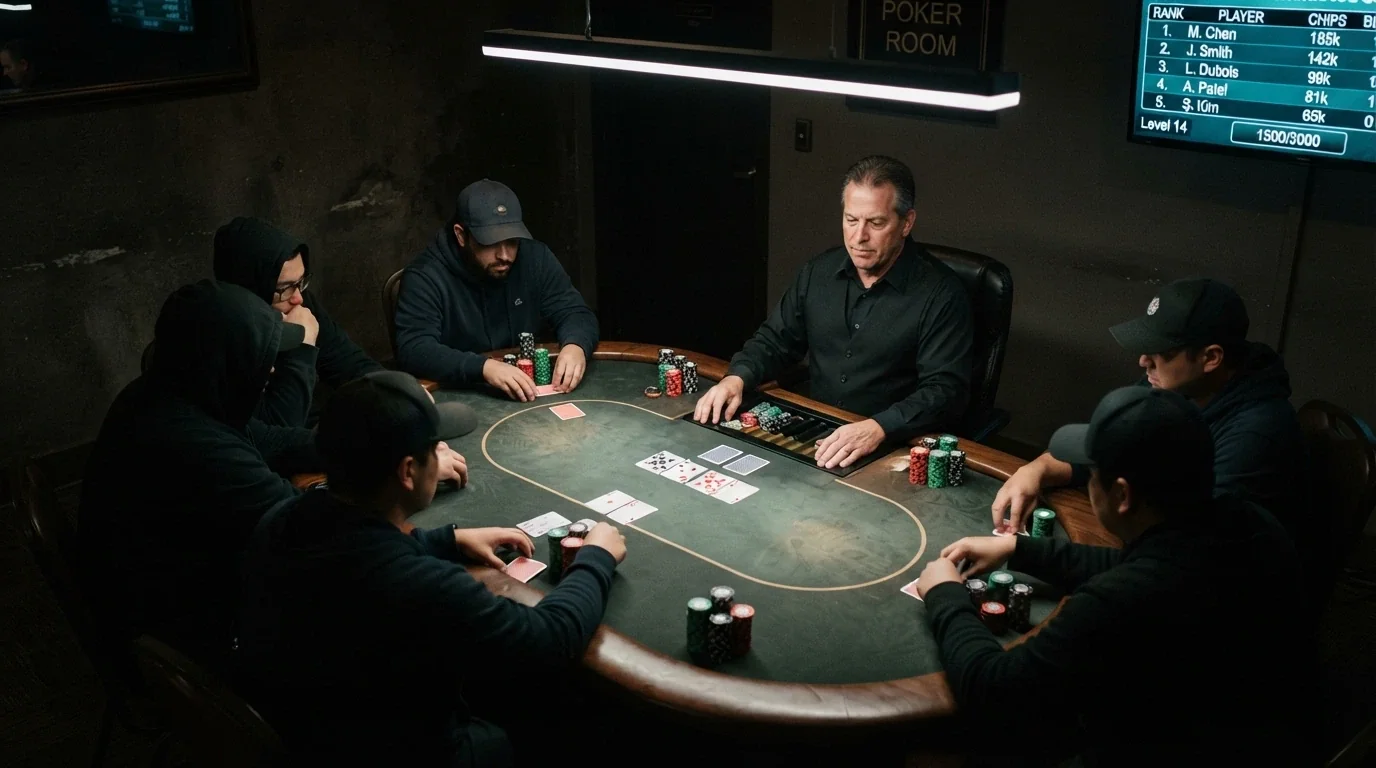 The dedicated poker area inside Casino Canberra with a tournament in progress, chips stacked and cards in play