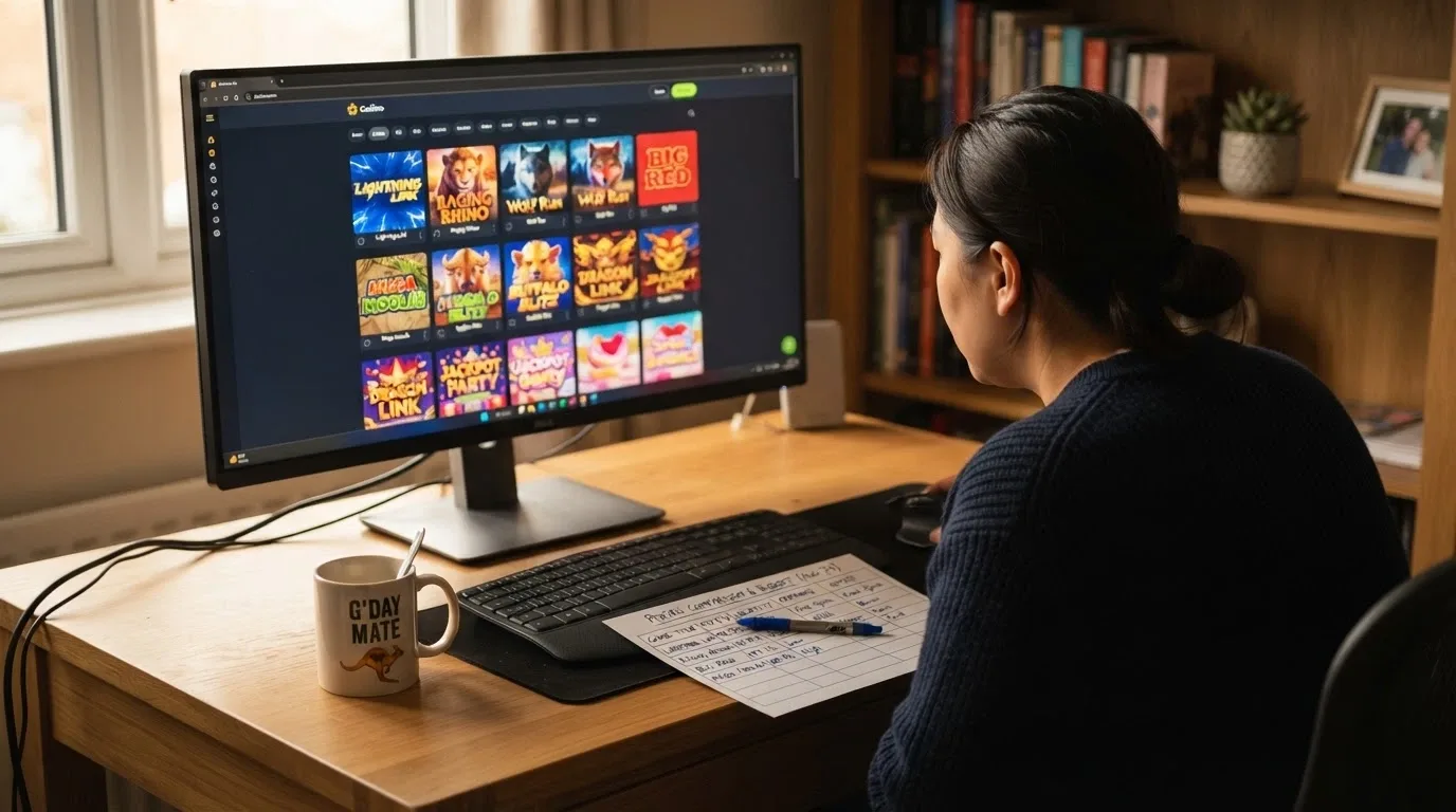 A desktop view of a casino-comparison grid with operator names, bonus columns and licence badges laid out side by side