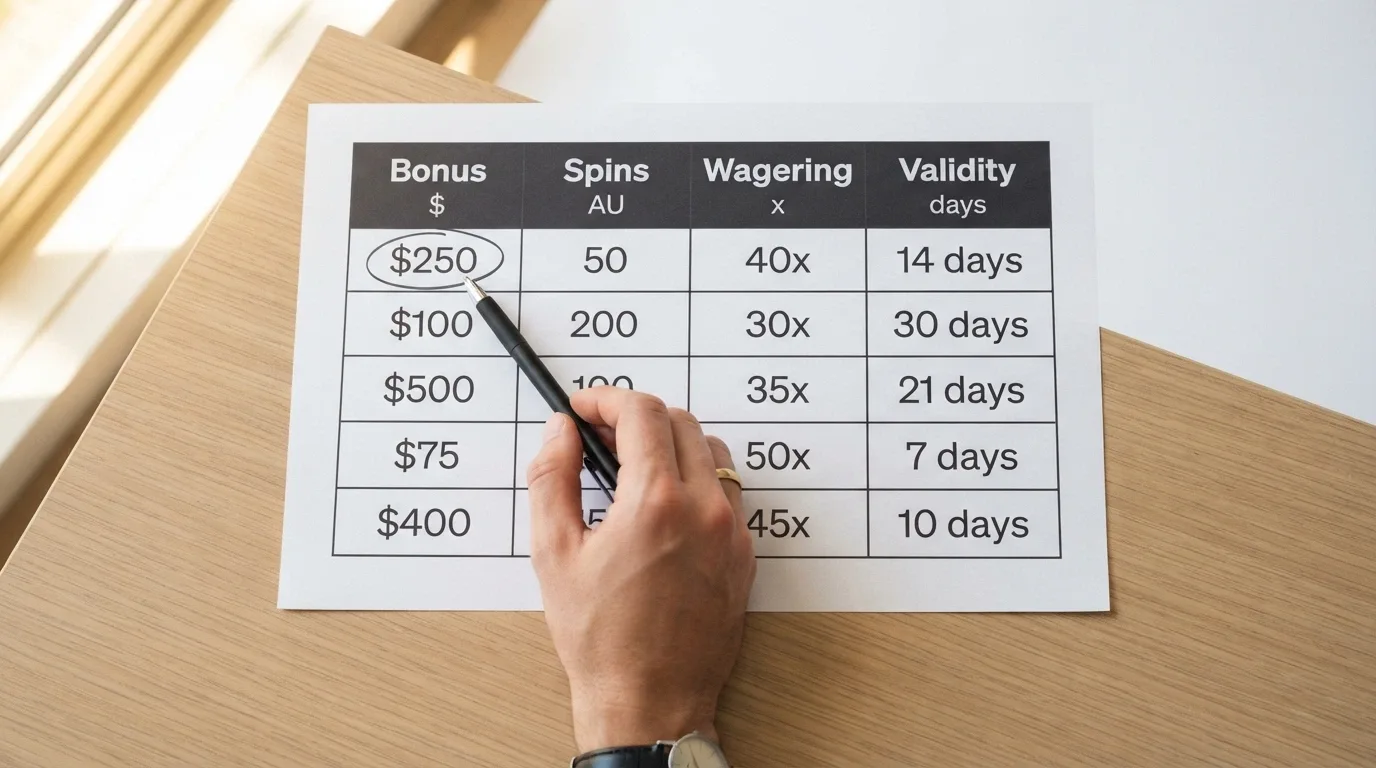 A structured comparison grid with bonus figures, free-spin counts and wagering multipliers displayed in columns, each row a different brand