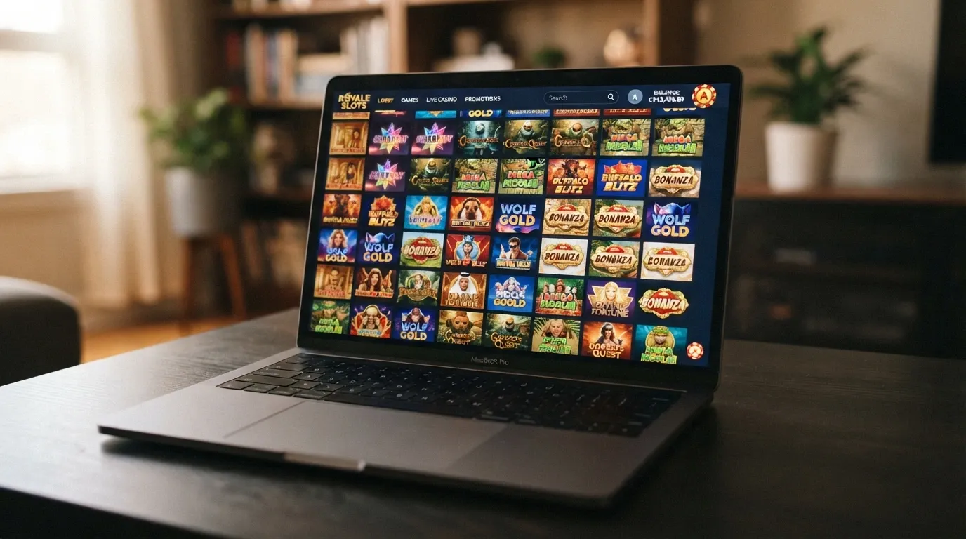 A tiled grid of pokies cover-art tiles — Elvis Frog in Vegas, Gates of Olympus, Big Bass Bonanza — representing the scale of a 7,200+ game library