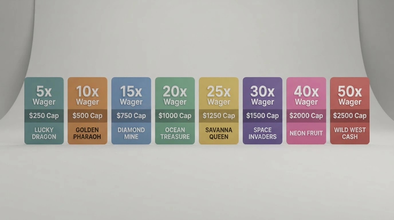 A clean visual comparison of casino brand cards arranged side by side, each showing a different wagering multiple, cashout cap and eligible pokie title