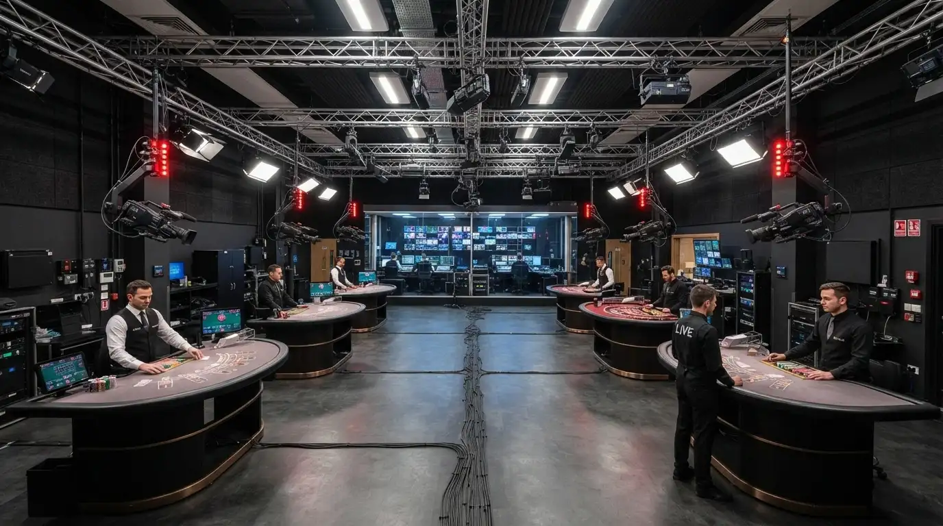 A wide shot of a live casino studio floor with multiple tables, cameras and dealers operating under studio lighting