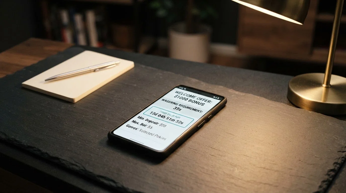 A smartphone screen showing a bonus terms panel with wagering requirement and validity window highlighted