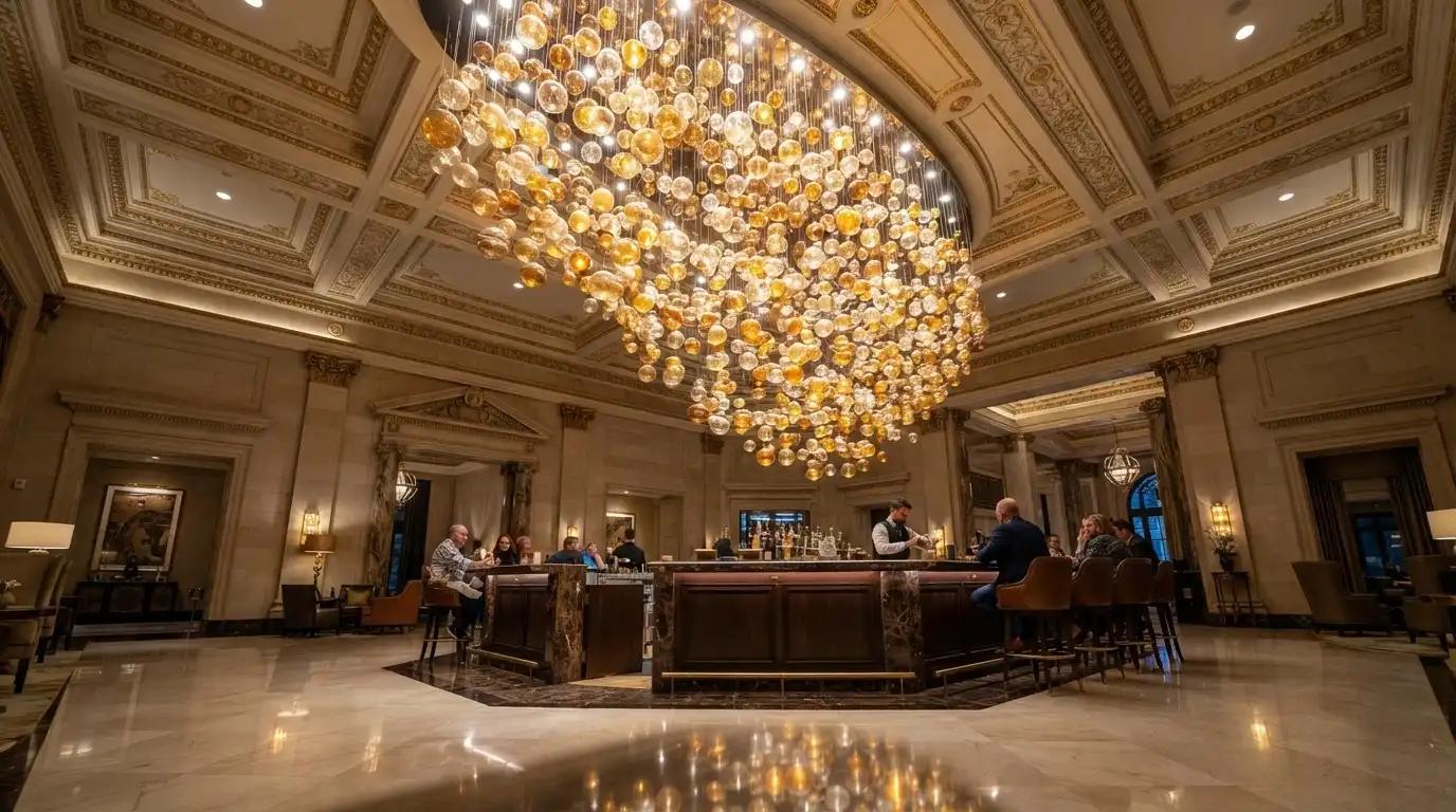 The Marble Hall's custom chandelier — 7.2 metres wide, nearly a tonne, made of 2,029 hand-blown Italian glass bubbles — suspended above the bar