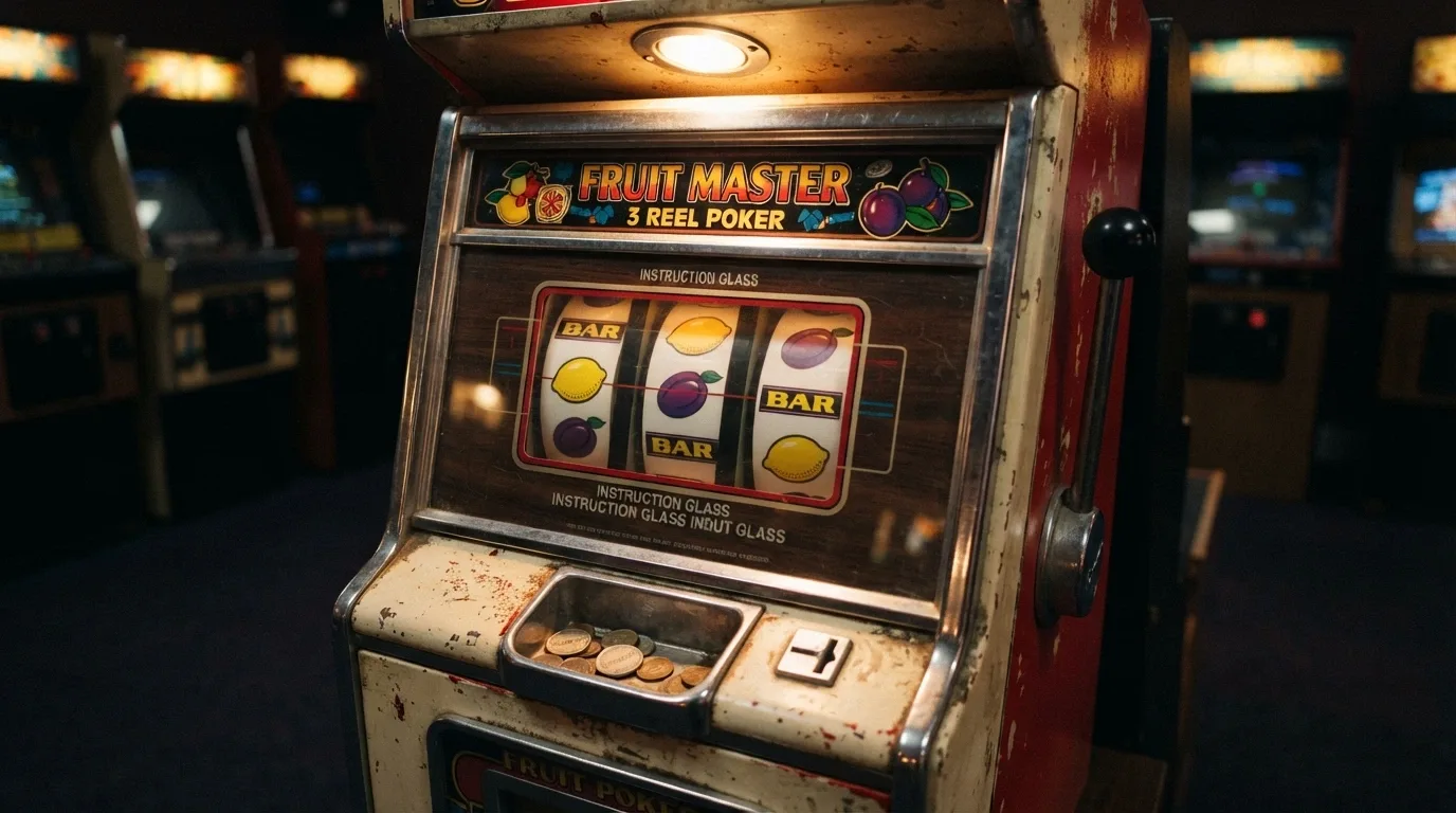 Three vintage-style fruit-machine reels with bar symbols, lemons and plums on a retro cabinet front