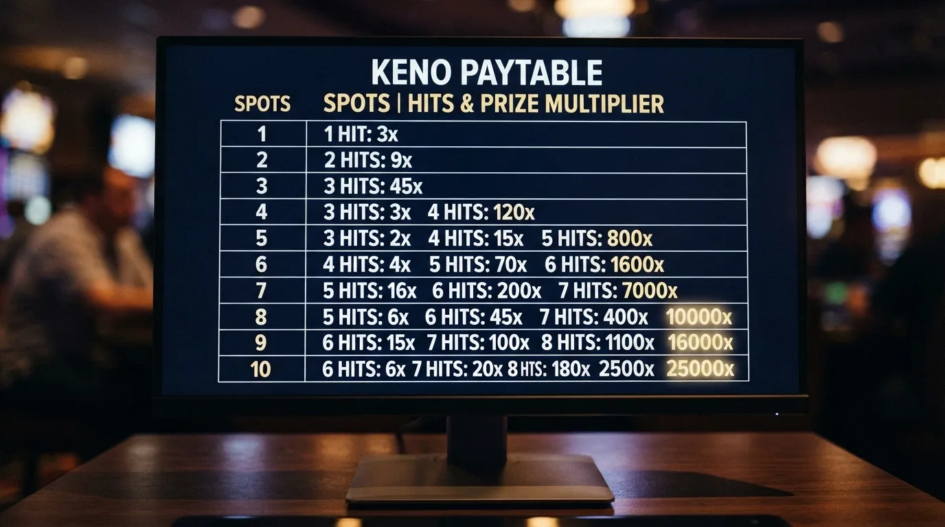 A close-up of a classic keno paytable with spot counts 1 through 10 and their corresponding payout multipliers