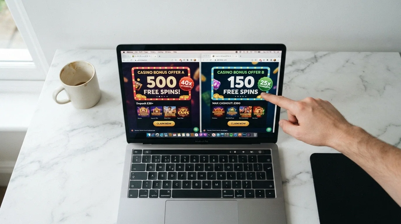 Side-by-side comparison of two casino bonus offer screens on a laptop showing different free-spin counts and terms