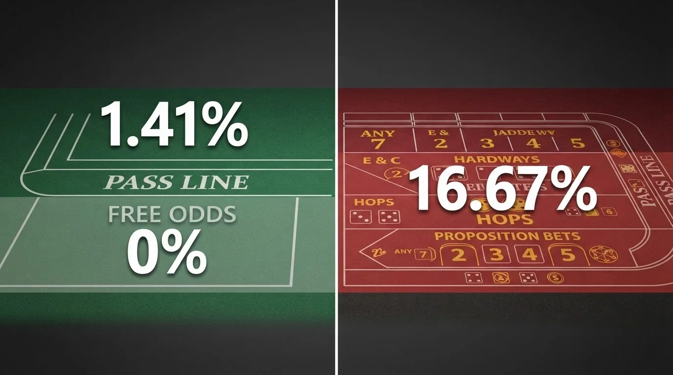 A split visual — one side shows the pass-line and odds bet zones in green, the other shows the centre proposition bets in red with percentage labels