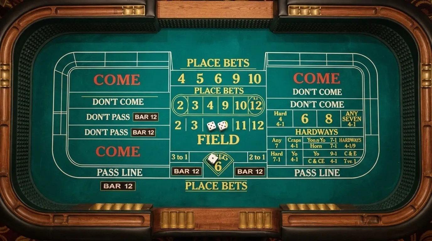 An overhead view of a full craps table layout with every betting zone labelled — pass line, come, field, place bets, centre propositions