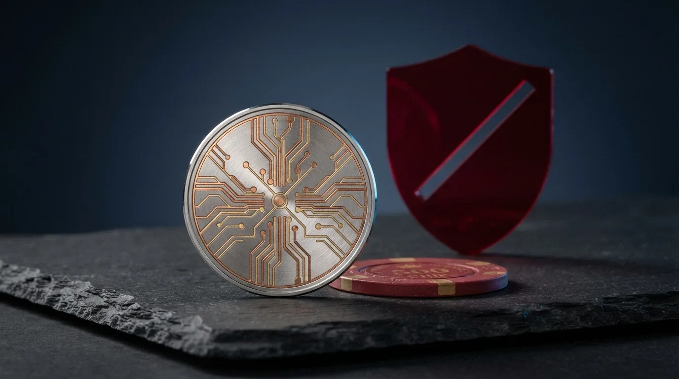 A Bitcoin token beside a casino bonus badge, with a subtle crossed-out shield icon in the background signalling the absence of Australian consumer protection