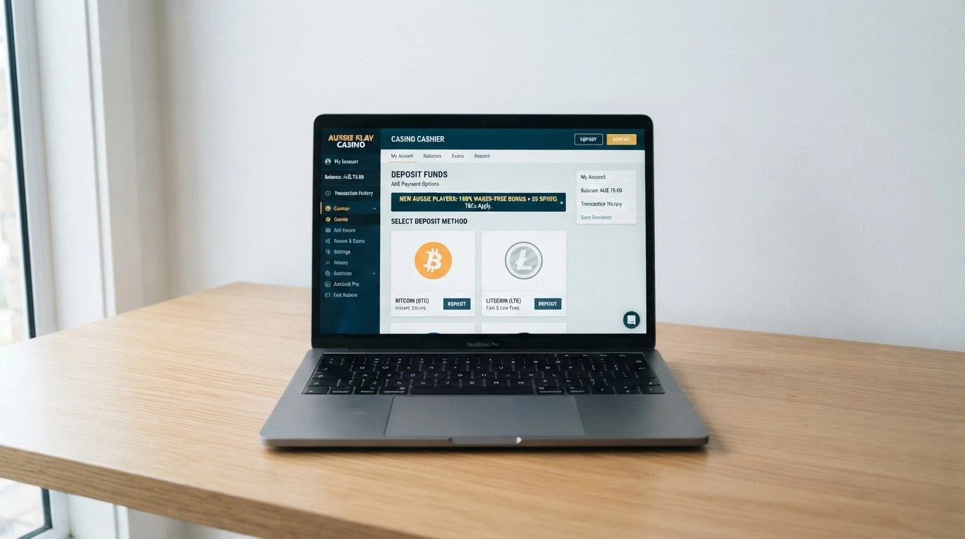 A laptop screen showing a casino cashier page with Bitcoin and Ethereum deposit options next to a no-wager bonus banner