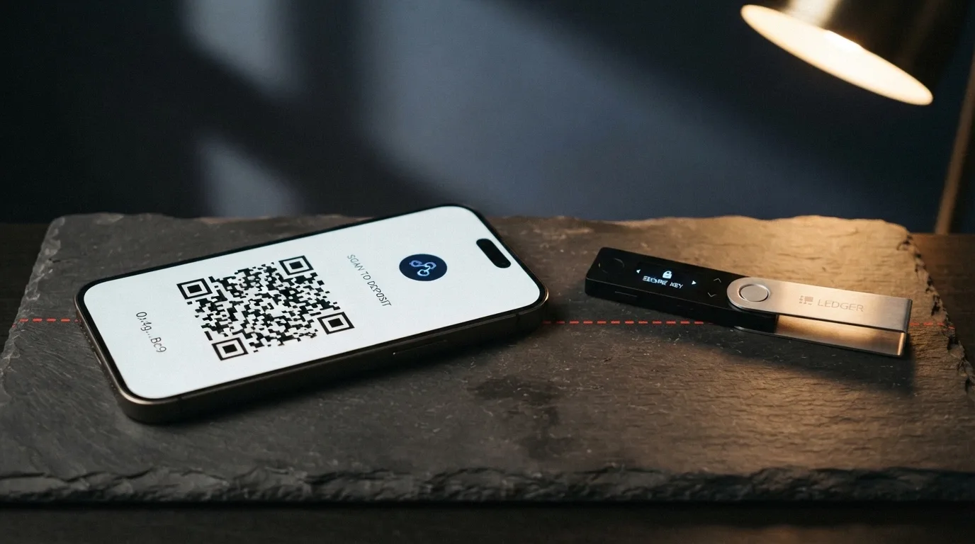 A smartphone displaying a QR code for a crypto casino deposit next to a hardware wallet, with a dashed red line separating them from an ACMA logo