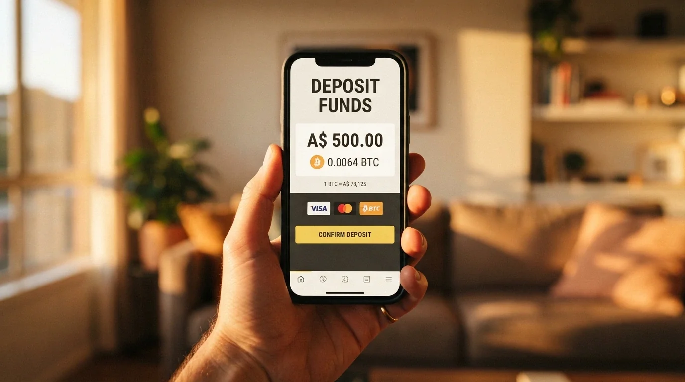 A smartphone showing a casino deposit screen with Bitcoin and AUD amounts displayed side by side, the exchange rate subtly shifting