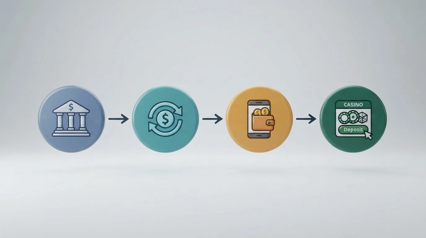 A simplified diagram showing four linked nodes: Australian bank, crypto exchange logo, personal wallet icon, and casino deposit screen, with arrows between each
