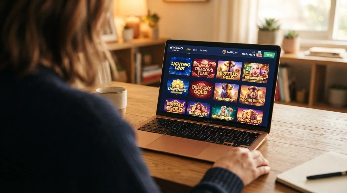A casino lobby screen showing pokies thumbnails with cryptocurrency balance displayed in the top bar, AU dollar equivalent shown alongside BTC and USDT