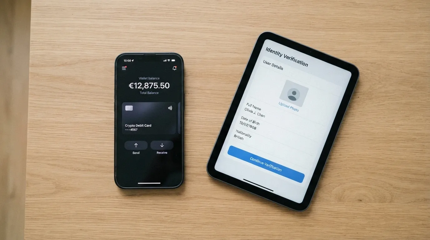 A Bitcoin Cash wallet interface beside a KYC verification prompt requiring photo identification on a second device