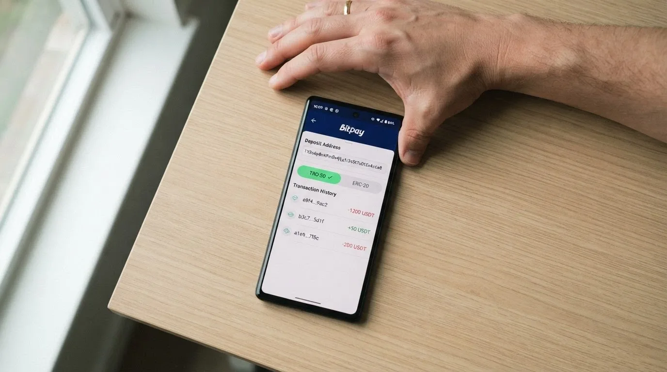 A cryptocurrency wallet interface showing a deposit-address field, network selector and transaction-history panel with hashes partially visible