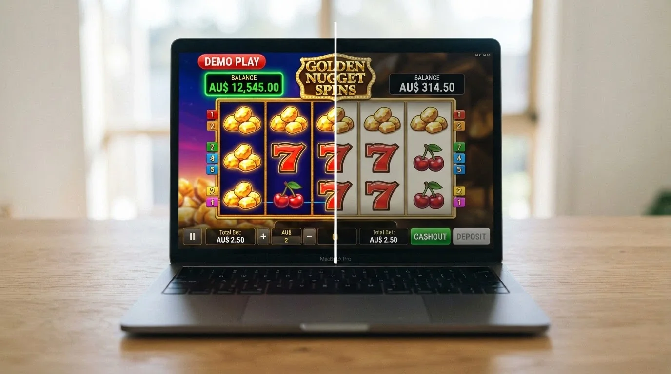 A split image: the left half shows a pokies screen with a play-money balance in bright demo colours, the right half shows the same game with a real-money balance and a cashout button