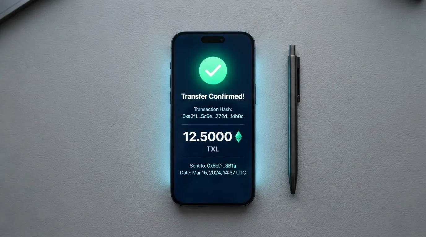 A self-custody crypto wallet interface displaying an Ethereum transfer confirmation with the transaction hash visible