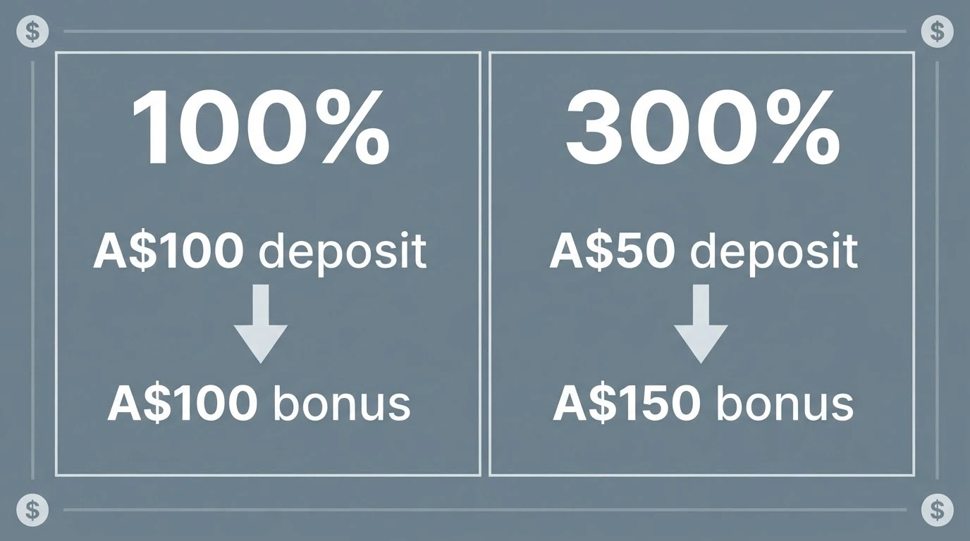 A split-screen graphic: left side shows a 100% match icon with arrows connecting a deposit to a bonus, right side shows a 300% match with larger arrows, both labelled in AUD