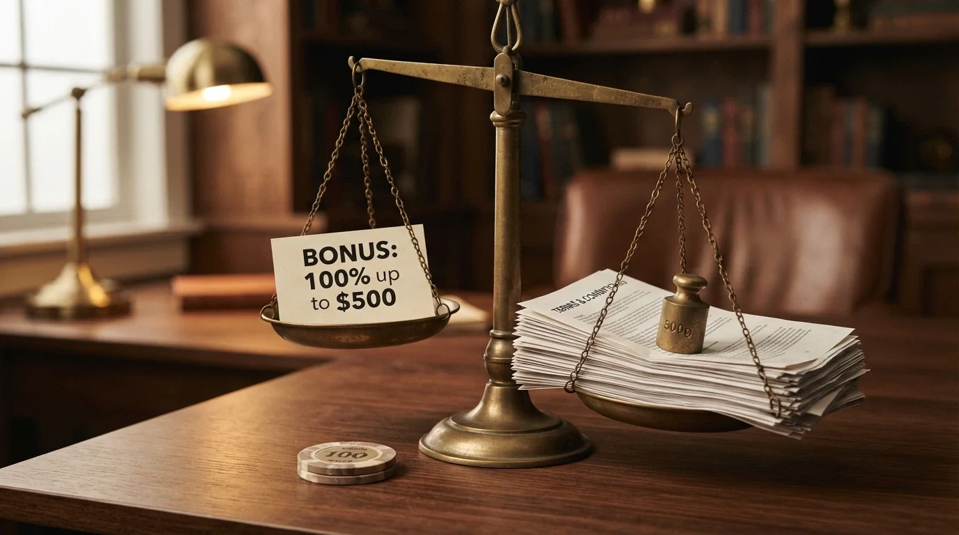 A set of balance scales with a deposit-match bonus percentage on one side and a wagering-requirement weight on the other, tipping toward the wagering side