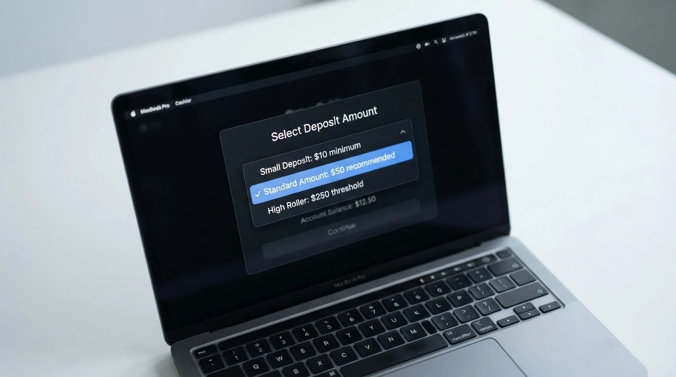 A close-up of a casino cashier dropdown menu showing different minimum deposit amounts per payment method — $1 for Litecoin $10 for PayID $20 for Visa