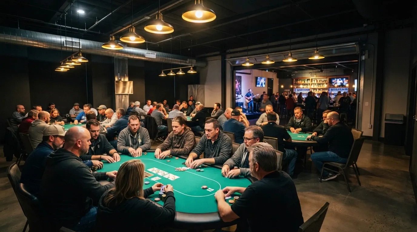 The District Poker room on Level 1 showing nine tournament tables in play, with the industrial-cool fit-out and microbrewery visible beyond