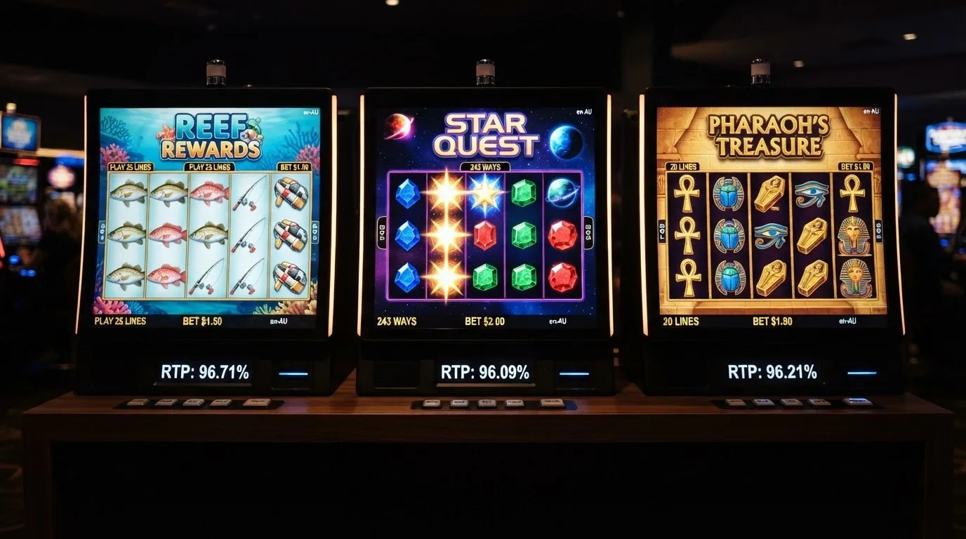 A row of three pokies title cards — Big Bass Bonanza, Starburst, Book of Dead — with their RTP percentages displayed beneath each one