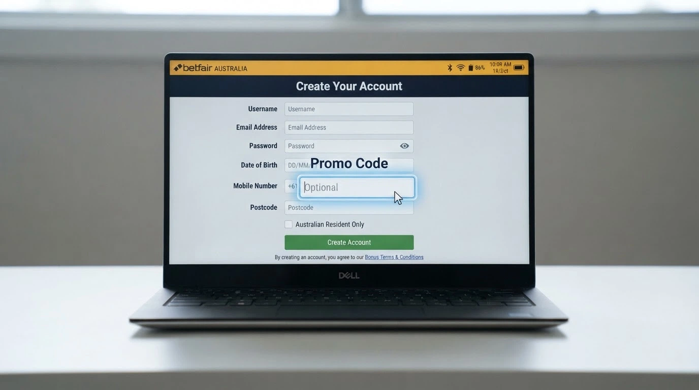 A casino registration screen with a clearly labelled promo-code field, a cursor hovering over it, and a bonus terms link visible below
