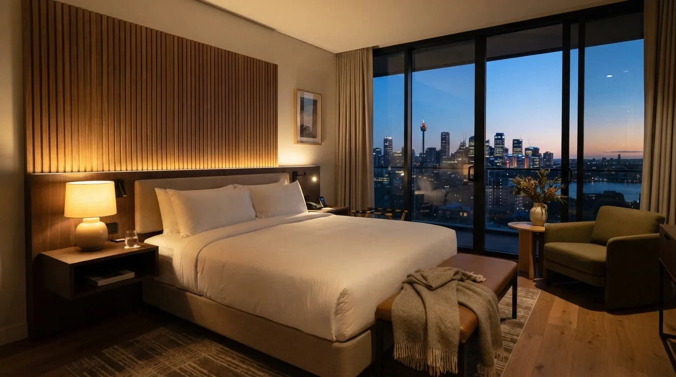 A premium guest room at Eos by SkyCity showing floor-to-ceiling windows, king bed and contemporary Australian design with Adelaide skyline views