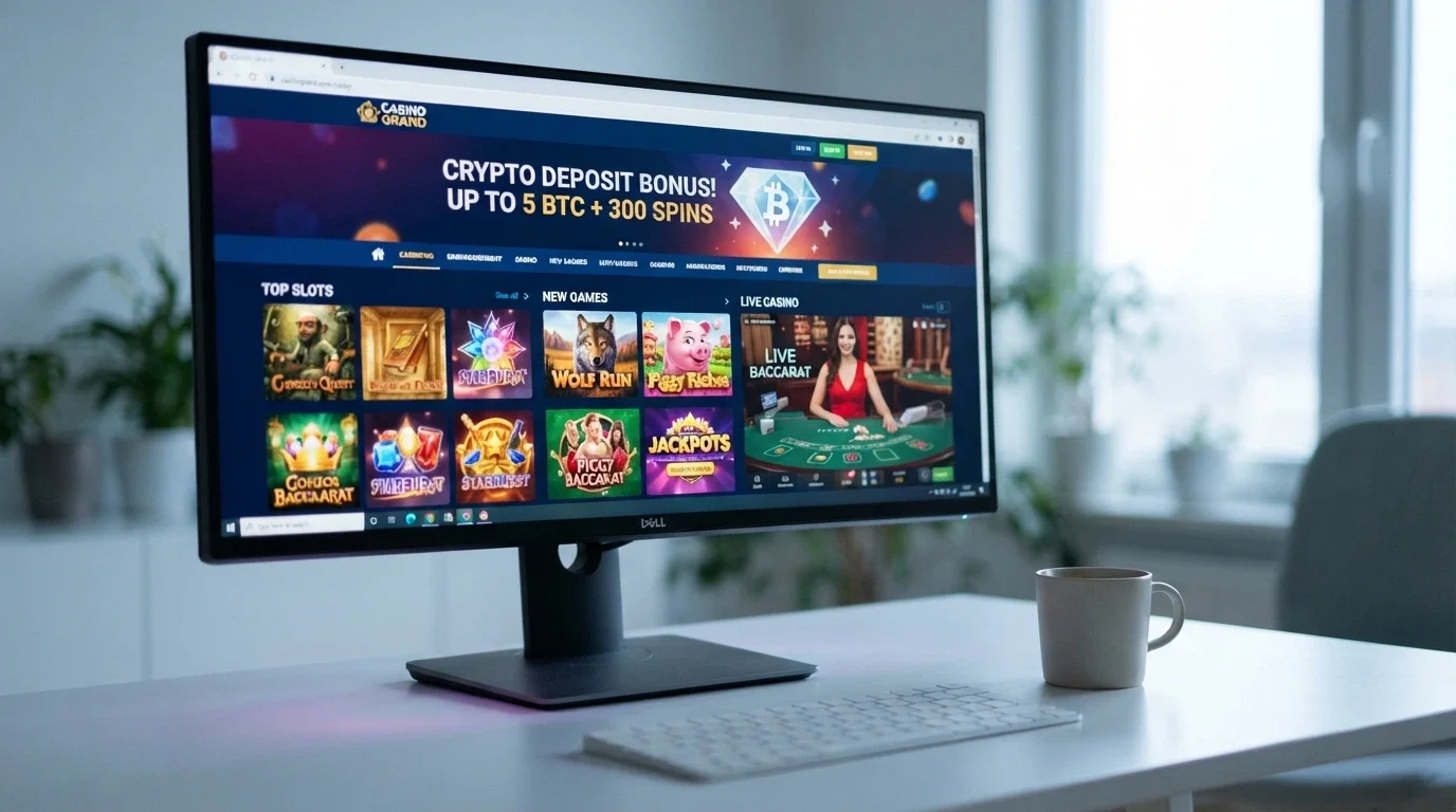 A desktop browser view of an Ethereum casino homepage showing game categories, a crypto deposit banner and a live-dealer thumbnail