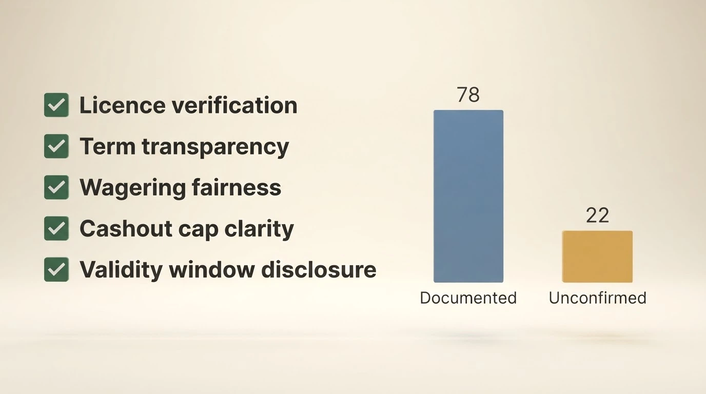 A checklist-style display of evaluation criteria including licence verification, term transparency and wagering fairness