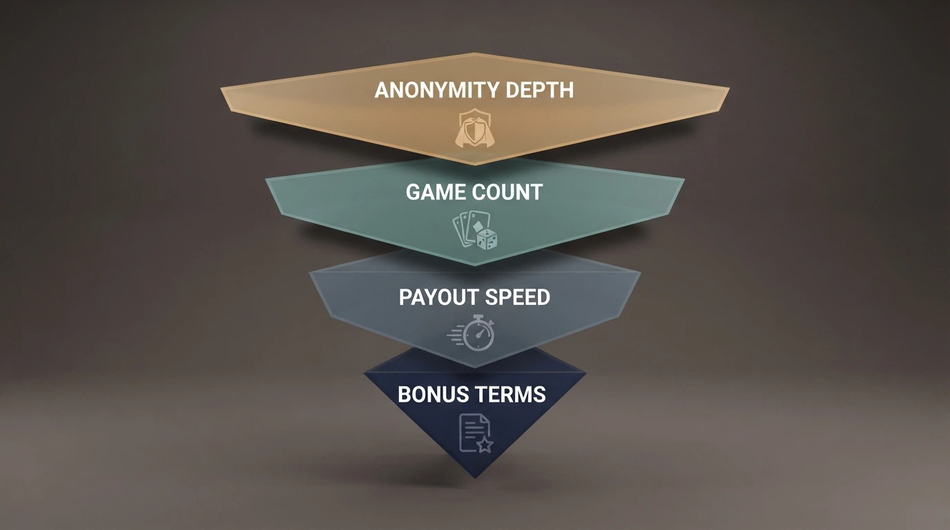 A clean visual of the evaluation dimensions — anonymity depth, game count, payout speed, bonus terms — shown as filter layers narrowing to the final ranking