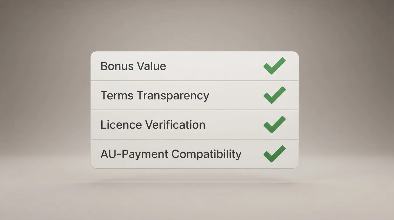 A checklist or scorecard-style graphic showing evaluation criteria — bonus value, terms transparency, licence verification, AU-payment compatibility — with tick marks against each