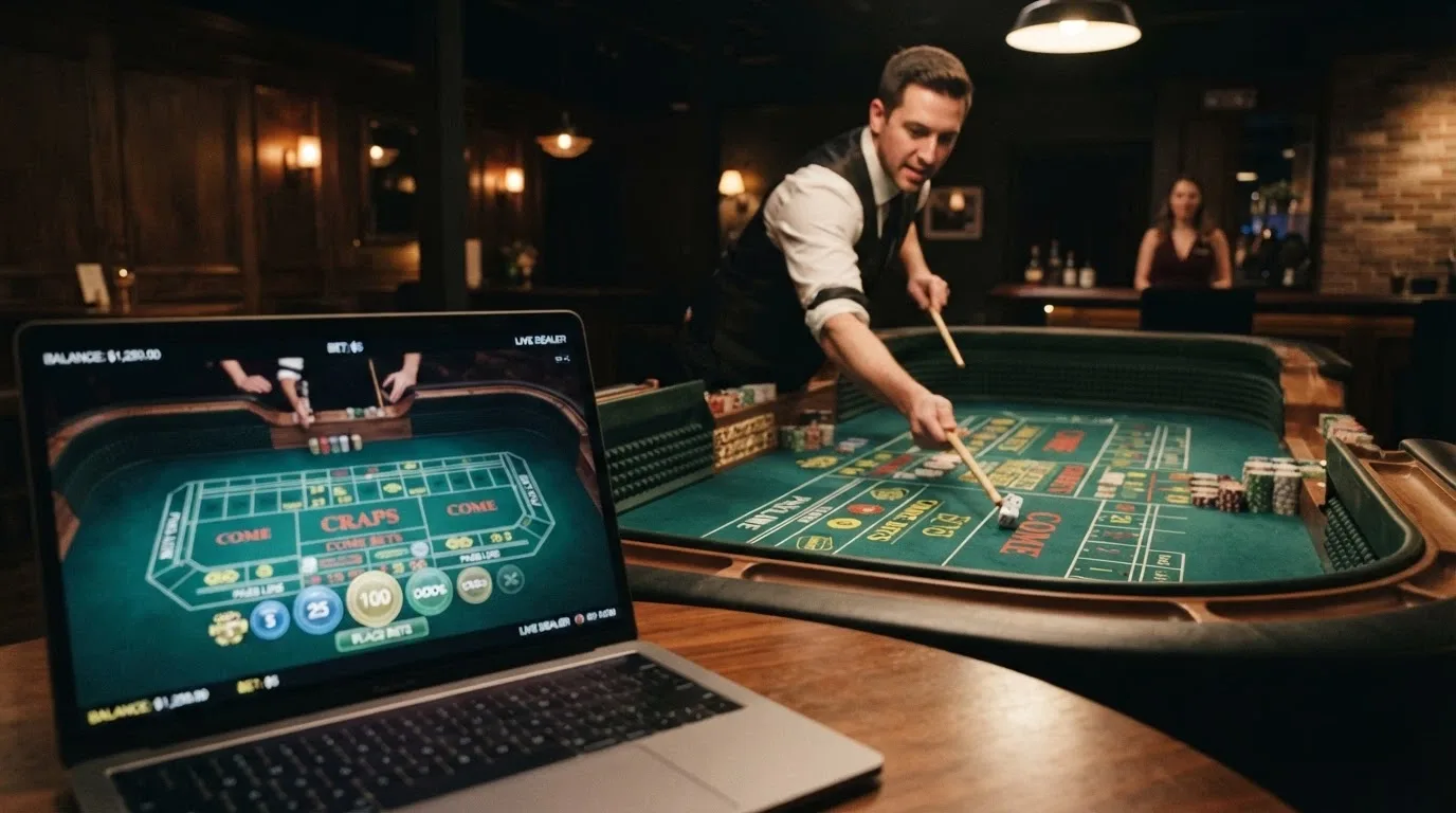 A live-dealer craps table with a stickman pushing dice across green felt, viewed through an online casino interface with betting buttons overlaid