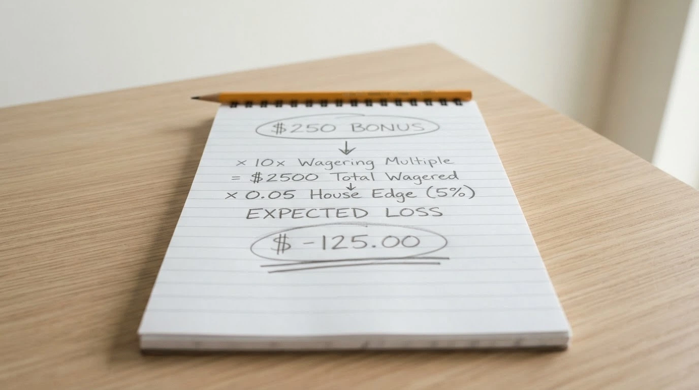 A notepad showing the expected-loss calculation — bonus multiplied by wagering multiplied by house edge equals a circled negative dollar figure