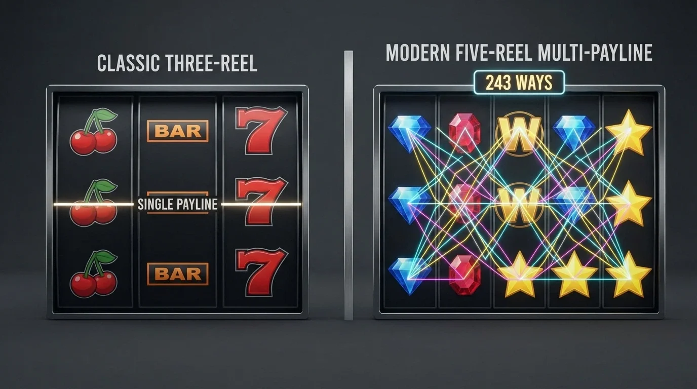 A side-by-side diagram comparing a classic 3-reel single-payline slot with a modern 5-reel multi-payline grid showing 243 ways to win
