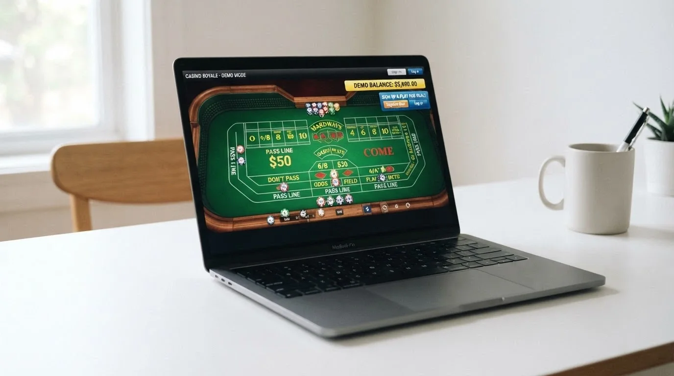 A laptop displaying a free-play craps table with a prominent demo-credit balance and a sign-up prompt in the corner