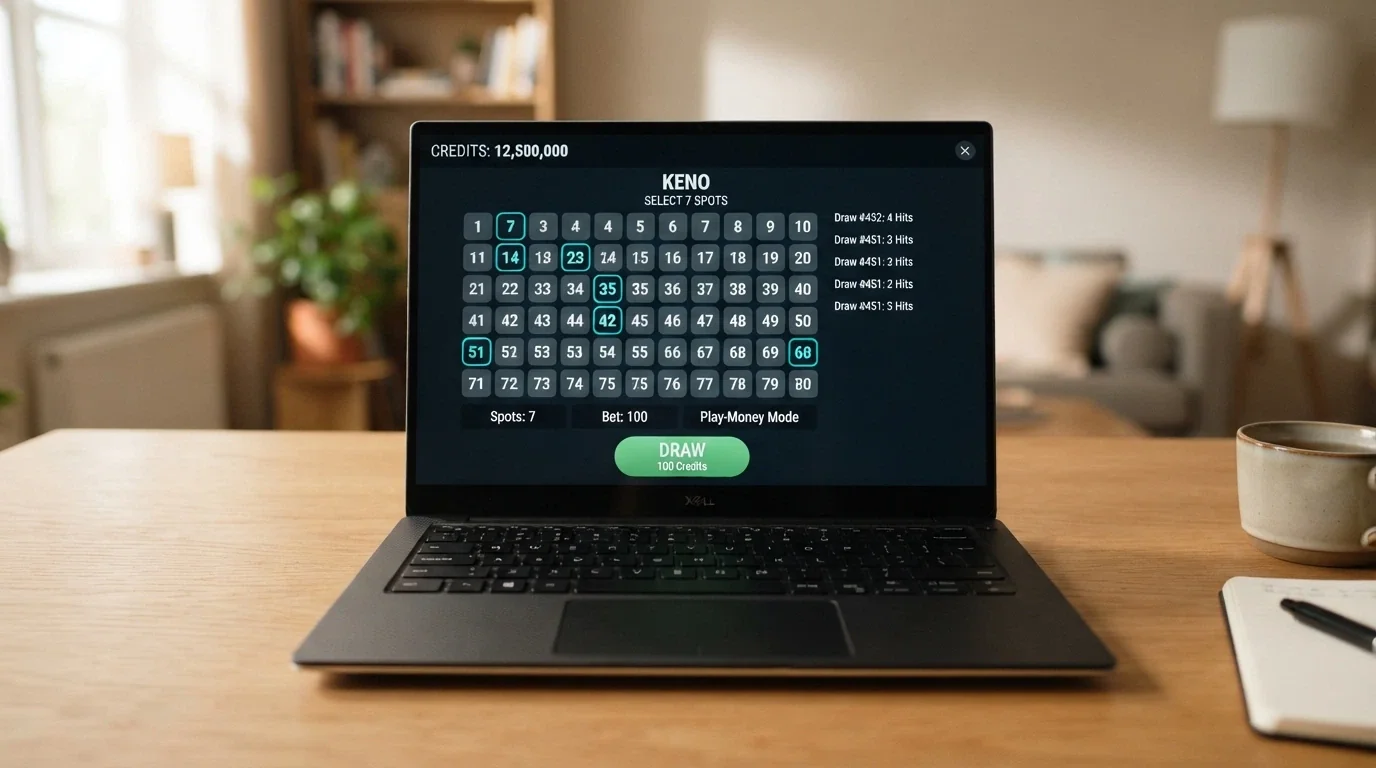 A demo-mode keno screen with a play-money balance displayed in the corner and a 7-spot card selected