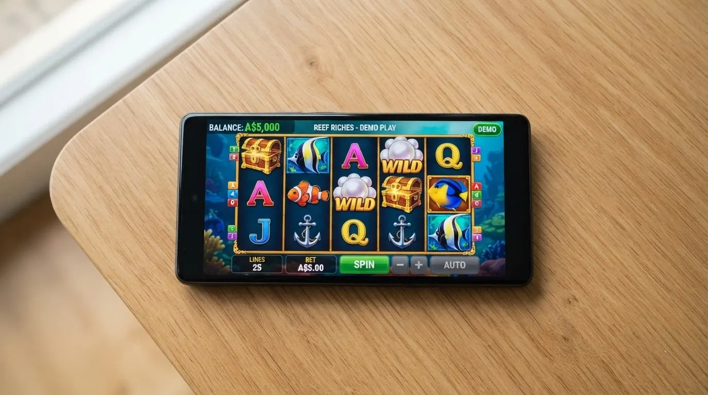 A demo-mode pokie screen with a prominently displayed practice balance of several thousand virtual dollars and a clearly marked demo-mode label