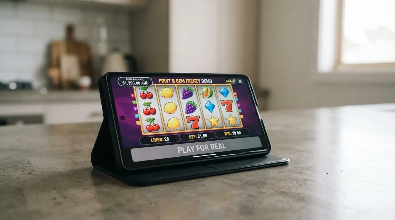 Android phone screen showing a pokies game in demo mode with a play-money balance counter, the “Play for Real” or “Deposit” button visible but not activated
