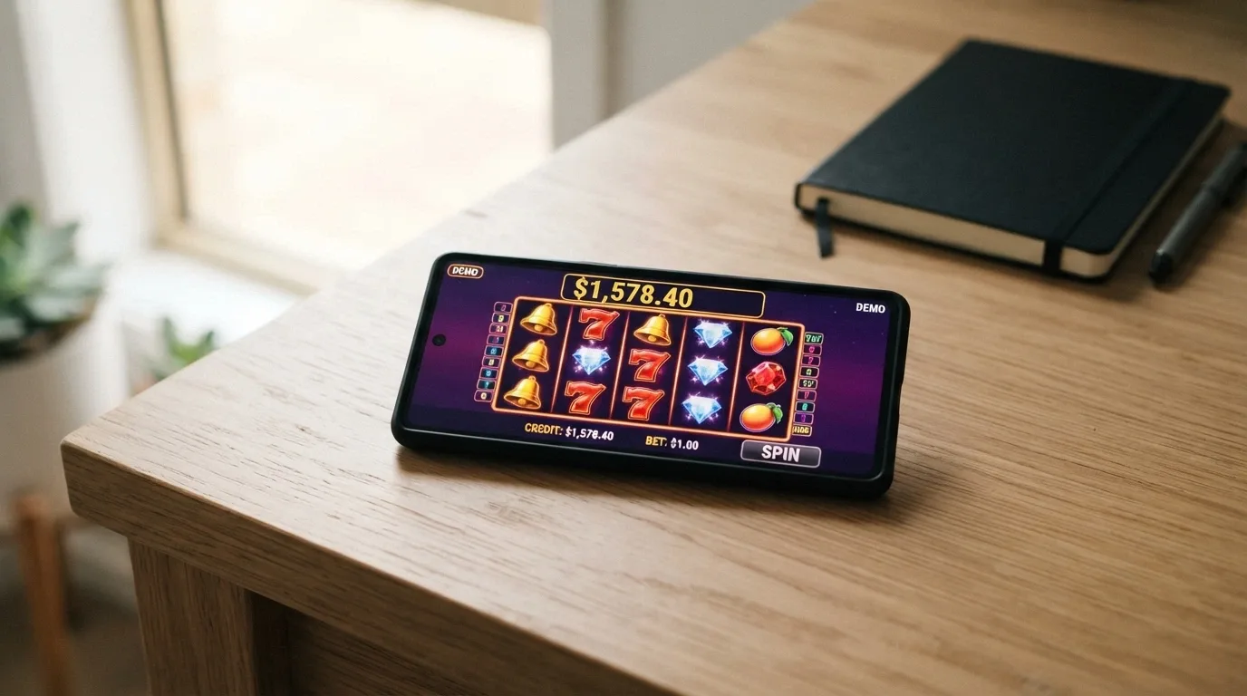 A casino app screen showing a pokie in demo mode with a play-money balance displayed